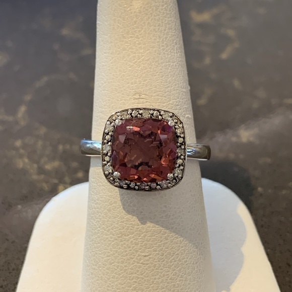 Sterling Silver Synthetic Rhodolite Garnet & Diamond Halo Ring. Size 6.25 - Picture 4 of 4